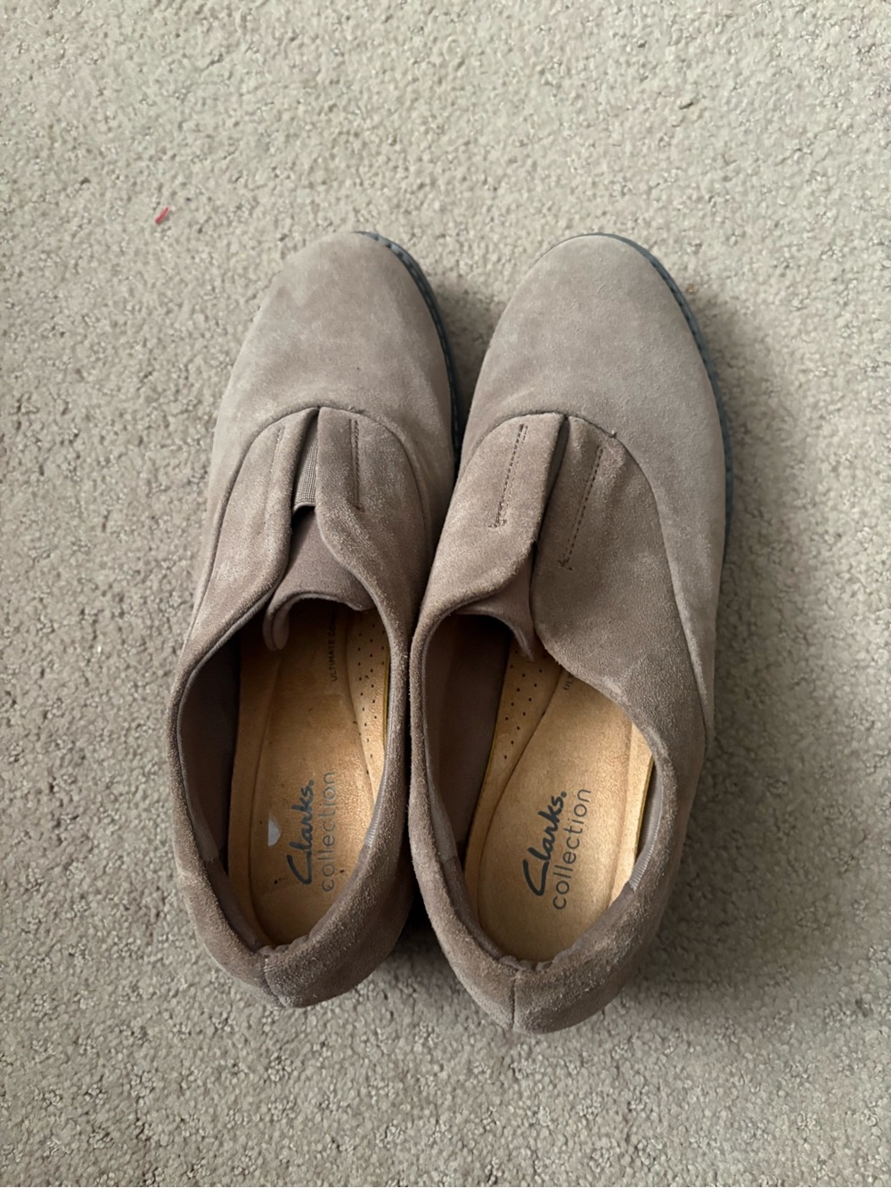 Clarks Taupe Suede Slip-On Loafers with Elastic Vamp